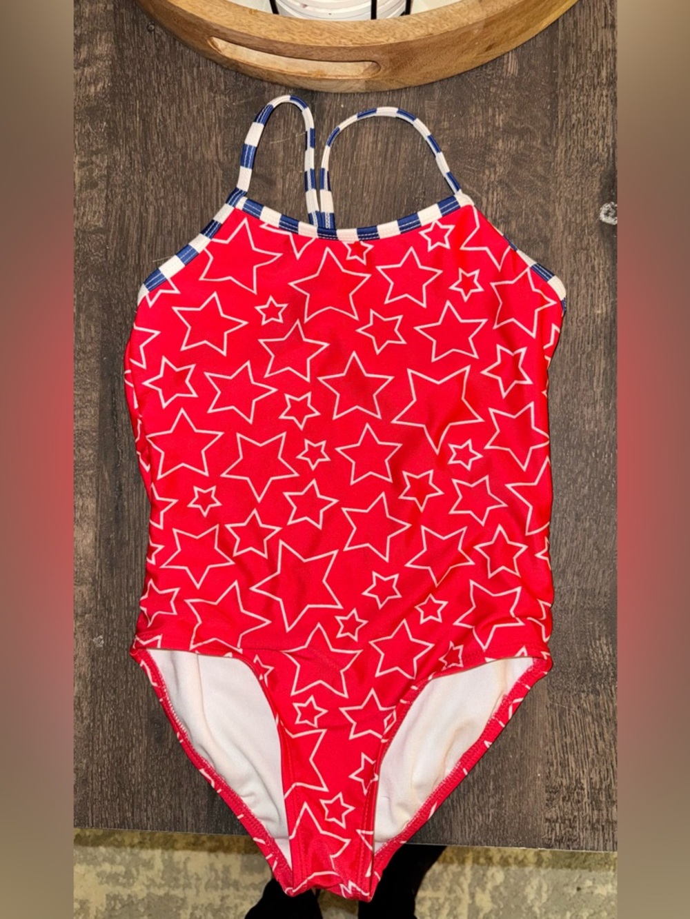 OP Red Star Print One-Piece Swimsuit with Navy-White Straps